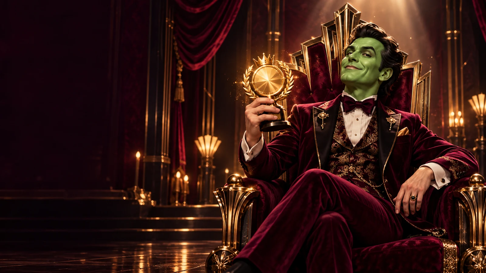 Personagem celebrando no trono com um troféu dourado