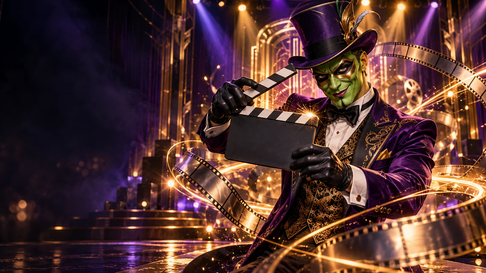 Personagem em ação com claquete, luzes de palco e fitas de filme